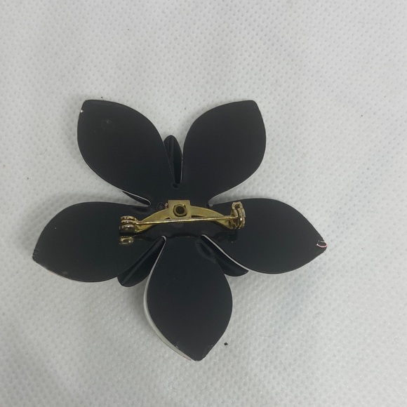 Vintage 60\'s Huge Black White Enamel Flower Brooch Pin